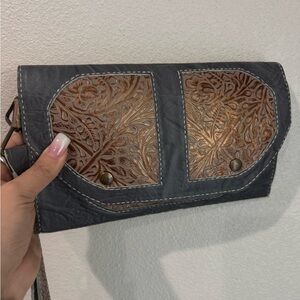 New Handmade leather tooled wristlet wallet purse Elegant Black and Brown Clutch
